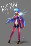  1girl belt blue_hair blush breasts commentary_request gloves highres kula_diamond long_hair looking_at_viewer puyon_(pixiv) red_eyes smile solo the_king_of_fighters the_king_of_fighters_xiv 