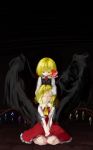  2girls angel_wings ascot black_vest black_wings blonde_hair bow collared_shirt covering_eyes dark evil_smile flandre_scarlet hair_bow hand_on_another&#039;s_chin hand_over_another&#039;s_eyes hands_on_lap highres multiple_girls red_eyes red_skirt red_vest rumia seiza shirt short_hair sitting skirt smile touhou white_shirt wings zakozako_y 