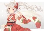  1girl ahoge animal_ears blush bow detached_sleeves flower fox_ears grey_hair hair_flower hair_ornament japanese_clothes kimono long_hair looking_at_viewer nagitoki open_mouth original ponytail red_eyes simple_background solo wide_sleeves 