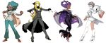  4girls afro aloe_(pokemon) ass bangle big_hair black_dress blue_eyes bracelet breasts cape carnet_(pokemon) cleavage crescent dark_skin dress earrings elite_four eyebrows full_body genzoman gojika_(pokemon) green_eyes green_hair grey_hair gym_leader hair_ornament hair_over_one_eye high_heels highres holding holding_poke_ball jewelry long_dress long_hair multiple_girls pants poke_ball pokemon pokemon_(game) pokemon_bw pokemon_bw2 pokemon_xy purple_hair shirona_(pokemon) short_hair short_shorts shorts star star_earrings very_dark_skin 