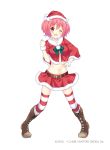  1girl artist_name bekotarou belt boots breasts crop_top hand_on_hip hasegawa_urumi hat highres looking_at_viewer mascot midriff navel no_bra one_eye_closed open_mouth original pink_eyes pink_hair santa_costume santa_hat short_hair skirt smile solo striped striped_legwear thigh-highs two_side_up white_background wrist_cuffs 