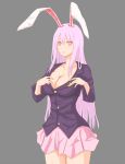  1girl animal_ears blazer breasts cleavage cowboy_shot crescent crescent_moon_pin jacket large_breasts light_frown long_sleeves looking_at_viewer moya-shi pink_eyes pink_skirt purple_hair rabbit_ears reisen_udongein_inaba simple_background skirt solo thighs touhou 