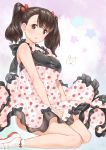  1girl absurdres black_eyes black_hair dress food food_themed_hair_ornament fruit hair_ornament highres looking_at_viewer neo-masterpeacer shoes sitting socks solo star strawberry strawberry_hair_ornament strawberry_print twintails wariza white_legwear white_shoes 
