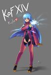  1girl belt blue_hair blush breasts commentary_request gloves highres kula_diamond long_hair looking_at_viewer puyon_(pixiv) red_eyes simple_background smile solo the_king_of_fighters the_king_of_fighters_xiv white_background 