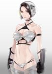  1girl absurdres armor bikini_armor black_hair breasts brown_eyes dtym gloves highres original short_hair solo 