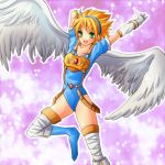  1girl alternate_costume angel_wings armor blonde_hair blue_eyes boots breath_of_fire breath_of_fire_i gloves green_eyes hairband leotard nina_(breath_of_fire_i) short_hair solo thigh-highs white_wings wings 