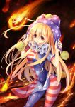  1girl american_flag_legwear american_flag_shirt bangs blonde_hair blurry clownpiece contrapposto depth_of_field empty_eyes eyebrows eyebrows_visible_through_hair eyelashes fire hair_between_eyes hands_up hat highres holding jester_cap looking_at_viewer meteor neck_ruff no_wings pants parted_lips plasma polka_dot polka_dot_hat pom_pom_(clothes) pulling red_eyes rock short_sleeves solo star_print striped touhou z.o.b 