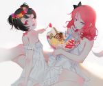  2girls ;d bare_shoulders black_hair double_bun dress flower food fork fruit glass hair_flower hair_ornament head_tilt head_wreath hoshimawa looking_at_viewer love_live!_school_idol_project multiple_girls nishikino_maki one_eye_closed open_mouth red_eyes redhead simple_background sitting smile strawberry violet_eyes white_background yazawa_nico yuri 