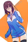  1girl brown_hair glasses highres hotumoyi jacket long_hair open_mouth solo thigh-highs track_jacket 