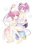 2girls :o aisha_(elsword) angkor_(elsword) bath_stool bubble dimension_witch_(elsword) dual_persona elsword multiple_girls pinb purple_hair rubber_duck sandals short_hair short_twintails shower_head sitting stool toenail_polish towel twintails violet_eyes void_princess_(elsword) white_background white_wings wings 