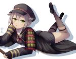  1boy abandon_ranka armor cape chin_rest garters green_eyes grey_legwear hat hotarumaru japanese_armor kneehighs lying male_focus on_stomach open_mouth shorts silver_hair sock_garters sode solo touken_ranbu 