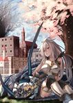  1girl architecture armor armored_dress bare_shoulders boots building cherry_blossoms clouds cloudy_sky dark_skin dragon gloves granblue_fantasy grass highres long_hair looking_to_the_side open_mouth outdoors petals red_eyes saraki sitting sky sleeveless teeth the_order_grande thigh-highs town tree white_hair wind 