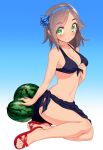  1girl bangs bare_legs bikini bikini_pull black_bikini blew_andwhite blush breasts cleavage food front-tie_top fruit green_eyes grey_hair groin hair_ornament hairband hairclip hand_on_own_chest highres kantai_collection kuroshio_(kantai_collection) legs_together navel parted_bangs pulled_by_self purple_bikini red_shoes sandals sarong shoes short_hair simple_background sitting smile solo swimsuit tan tanline watermelon white_background yokozuwari 