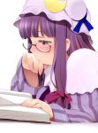  1girl bespectacled blush book crescent dress glasses hat kozue_akari long_sleeves mob_cap patchouli_knowledge purple_hair reading solo striped striped_dress touhou violet_eyes 