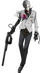  1boy black_skin buttons caligula_(game) cuffs flower formal gloves gun hair_over_one_eye holding holding_weapon long_sleeves looking_at_viewer male_focus multicolored_hair official_art oguchi pants rifle satake_shogo shackles silver_hair simple_background solo suit thigh_gap two-tone_hair weapon white_background 