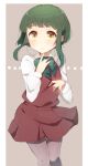  1girl brown_eyes green_hair harusawa kantai_collection school_uniform short_hair skirt smile solo takanami_(kantai_collection) 
