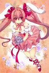  1girl animal_ears bare_shoulders blush bouquet breasts cleavage di_gi_charat dice dice_hair_ornament flower frilled_skirt frills hair_ornament hair_ribbon long_hair mikadocosmo petals pink_hair pink_skirt rabbit_ears red_eyes ribbon skirt smile solo twintails usada_hikaru 