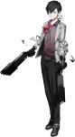  1boy black_hair black_skin brown_eyes caligula_(game) dual_wielding flower full_body gun jacket loafers long_sleeves looking_at_viewer male_focus official_art oguchi open_clothes open_jacket pants protagonist_(caligula) rose shoes solo standing weapon white_skin 