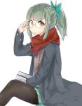  1girl bespectacled book brown_eyes coat glasses grey_hair highres kantai_collection ponytail scarf skirt solo suzuharu yuubari_(kantai_collection) 
