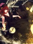 1girl alternate_costume bangs black_dress collarbone commentary dog dress eyebrows eyebrows_visible_through_hair fire from_above hat hecatia_lapislazuli highres hug_(artist) looking_at_viewer polos_crown red_eyes redhead sleeveless sleeveless_dress solo sphere touhou 