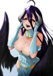  1girl ahoge albedo black_wings breasts cleavage cowboy_shot dress elbow_gloves eyeshadow feathered_wings gloves gradient gradient_background hands_on_own_face horns it_apollo large_breasts lipstick long_hair looking_at_viewer makeup open_mouth overlord_(maruyama) purple_hair slit_pupils smile solo wings yellow_eyes 