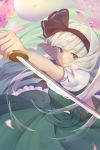  1girl from_above green_eyes hairband highres hitodama katana konpaku_youmu konpaku_youmu_(ghost) looking_at_viewer md5_mismatch outstretched_arm petals puffy_sleeves shirt short_hair short_sleeves silver_hair skirt skirt_set smile solo sword touhou vest water weapon xiao_chichi 