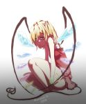  1girl artist_name blonde_hair camisole crystal demon_tail flandre_scarlet full_body gradient gradient_background highres krkh looking_at_viewer no_hat red_eyes sad short_hair side_ponytail sitting sleeveless solo tail touhou twitter_username wings 