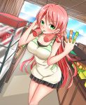  1girl akashi_(kantai_collection) apron baretto_(karasi07) blush breasts candy cola commentary_request dagashi_kashi food green_eyes hair_ribbon kantai_collection large_breasts lollipop long_hair looking_at_viewer pink_hair pleated_skirt ribbon skirt smile solo tress_ribbon twintails 