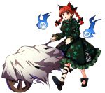  1girl absurdres animal_ears baba_(baba_seimaijo) braid cat_ears dress extra_ears flaming_skull floating_skull green_dress hair_ribbon highres juliet_sleeves kaenbyou_rin long_sleeves looking_at_viewer open_mouth puffy_sleeves red_eyes redhead ribbon skull solo tail touhou transparent_background twin_braids wheelbarrow 