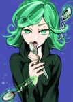  1girl curly_hair dress green_eyes green_hair licking looking_at_viewer one-punch_man short_hair solo spoon spoon_bending tatsumaki yoku_(chocolateq) 