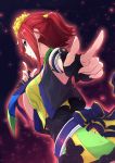  1girl akita_hika armlet breasts closed_mouth cowboy_shot dutch_angle fingerless_gloves from_side gloves highres idol_clothes kaname_buccaneer looking_at_viewer macross macross_delta necktie pointing pointing_at_viewer profile redhead short_hair sidelocks smile solo sparkle 