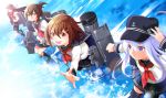  4girls akatsuki_(kantai_collection) black_hair blue_eyes brown_eyes brown_hair fang folded_ponytail fumako group_picture group_profile hat hibiki_(kantai_collection) ikazuchi_(kantai_collection) inazuma_(kantai_collection) kantai_collection lineup long_hair multiple_girls open_mouth profile school_uniform serafuku short_hair silver_hair skirt smile 