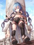  1girl asymmetrical_legwear blue_eyes blue_hair boots breasts building cape clock clock_tower clouds cloudy_sky from_below full_body highres holding holding_weapon kneehighs knife long_hair looking_at_viewer midriff navel original saraki shorts single_kneehigh single_thighhigh sky smile solo thigh-highs tower twintails weapon wrist_cuffs 