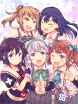  5girls ;d ahoge arm_warmers asagumo_(kantai_collection) asashio_(kantai_collection) ascot black_hair black_serafuku black_skirt blonde_hair blouse blue_eyes blush braid brown_hair buttons closed_eyes double_bun eyebrows eyebrows_visible_through_hair fingerless_gloves flower gloves grey_eyes hair_bun hair_flaps hair_ornament hair_over_shoulder hair_ribbon hairband hand_on_another&#039;s_shoulder highres kantai_collection long_hair looking_at_viewer looking_to_the_side michishio_(kantai_collection) multiple_girls neckerchief number one_eye_closed open_mouth pleated_skirt remodel_(kantai_collection) ribbon school_uniform serafuku shigure_(kantai_collection) shirt short_hair short_sleeves short_twintails silver_hair single_braid skirt smile star suspenders takitarou teeth twintails wavy_hair white_blouse yamagumo_(kantai_collection) yellow_eyes 
