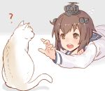  1girl ? brown_eyes brown_hair cat dress flying_sweatdrops kantai_collection km_(artist) long_sleeves looking_at_another lying on_stomach open_mouth reaching_out sailor_dress school_uniform serafuku short_hair silhouette solo sweatdrop yukikaze_(kantai_collection) 