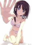  1girl against_fourth_wall amagai_tarou barefoot black_hair bra breasts collarbone lingerie long_hair looking_at_viewer navel open_mouth original outstretched_arm panties solo twitter_username underwear underwear_only violet_eyes 