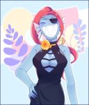  1girl :d bare_shoulders blue_skin blush breasts cleavage closed_eyes collarbone dress eyepatch grin hand_on_hip head_fins long_hair monster_girl no_bra open_mouth ponytail redhead ribbon sharp_teeth sleeveless smile solo teeth undertale undyne 