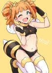  1girl bee_costume black_gloves blue_eyes blush gloves highres idolmaster kneeling midriff one_eye_closed open_mouth orange_hair smile solo takatsuki_yayoi thigh-highs tsurui twintails white_legwear wings 