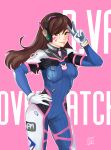  1girl bodysuit breasts brown_eyes brown_hair d.va_(overwatch) facial_mark hand_on_hip headphones highres long_hair overwatch pinnippin smile solo v 