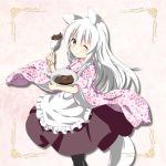  1girl animal_ears apron blush bowl chocolate fox_ears fox_tail geso_(nekomachi) holding japanese_clothes kitsune looking_at_viewer mixing_bowl one_eye_closed original simple_background smile solo tail white_hair wide_sleeves yellow_eyes 