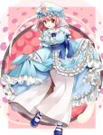  1girl blue_dress breasts dress full_body hat japanese_clothes large_breasts long_sleeves mary_janes mob_cap nagare obi open_mouth pink_eyes pink_hair saigyouji_yuyuko sash shoes short_hair solo touhou triangular_headpiece white_legwear wide_sleeves 