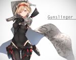  1girl aiming arm_behind_head arm_up between_breasts black_bodysuit blonde_hair blush bodysuit brown_eyes buckle character_name closed_mouth covered_navel cowboy_shot djeeta_(granblue_fantasy) dual_wielding earrings expressionless granblue_fantasy grey_background grey_jacket gun gunslinger_(granblue_fantasy) hair_ribbon hairband handgun holding holding_gun holding_weapon holster jacket jewelry latex long_sleeves looking_at_viewer nanahara_fuyuki open_clothes open_jacket pistol red_ribbon ribbon short_hair simple_background single_glove skin_tight solo text thigh_gap thigh_holster trigger_discipline tsurime unsheathed weapon 