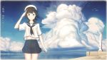  1girl absurdres airplane beret clouds cloudy_sky coat cowboy_shot fubuki_(kantai_collection) gloves hat highres horizon kantai_collection kii_kun lighthouse looking_at_viewer navel neckerchief pleated_skirt sailor_collar salute school_uniform serafuku shore short_hair short_sleeves skirt sky smile solo standing thigh_gap translated water white_gloves 