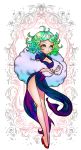  1girl 2016 alternate_breast_size black_dress breasts cleavage cleavage_cutout curly_hair dress feather_boa green_eyes green_hair high_heels highres long_legs nail_polish new_year one-punch_man pelvic_curtain popsiclebunny red_shoes shoes short_hair side_slit solo tatsumaki watermark web_address 