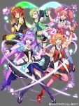  5girls :d arm_up blush breasts center_opening crossed_legs detached_sleeves double_v dress freyja_wion full_body gloves green_hair grey_background hair_ornament headphones holding idol_clothes idol_group jpeg_artifacts kaname_buccaneer long_hair looking_at_viewer macross macross_delta magic makina_nakajima microphone midriff mikumo_guynemer multicolored_hair multiple_girls navel one_leg_raised open_mouth outstretched_arm reina_prowler short_hair simple_background smile standing stomach thigh-highs twintails v walkure_(macross_delta) wavy_mouth world_of_mystic_wiz 