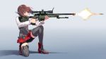 1girl ai_arctic_warfare armor armored_boots bike_shorts bipod blew_andwhite bolt_action boots brown_eyes brown_hair bullet closed_mouth corset explosion expressionless firing full_body gradient gradient_background gun headgear highres kantai_collection kneeling long_sleeves motion_blur muzzle_flash pleated_skirt red_skirt rifle scope short_hair shorts_under_skirt simple_background skirt sniper_rifle solo taihou_(kantai_collection) thigh-highs thigh_boots weapon 