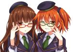  2girls blush brown_eyes brown_hair fate/extra fate/grand_order fate_(series) female_protagonist_(fate/grand_order) glasses green-framed_glasses grin hair_between_eyes highres kishinami_hakuno_(female) kuzuyu long_hair multiple_girls one_eye_closed orange_eyes orange_hair red-framed_glasses redhead school_uniform smile 