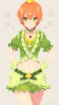  1girl choker crown dated etsuo gloves green_eyes green_gloves green_skirt hands_on_hips hoshizora_rin jewelry looking_at_viewer love_live!_school_idol_project midriff music_s.t.a.r.t!! navel necklace orange_hair short_hair skirt smile solo 