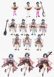  1girl blue_eyes blue_hair bow character_sheet concept_art floral_print flower full_body glasses hair_bow hair_flower hair_ornament highres instrument japanese_clothes lm7_(op-center) looking_at_viewer making_of multiple_views obi original outstretched_arms pink_legwear sandals sash school_uniform shamisen short_hair simple_background skirt standing thigh-highs tied_hair white_background white_legwear zettai_ryouiki 