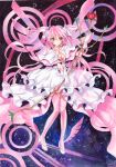  1girl cleavage_cutout flower goddess_madoka kaname_madoka long_hair mahou_shoujo_madoka_magica mosho pink_hair pink_legwear rose solo star starry_background very_long_hair wings yellow_eyes 